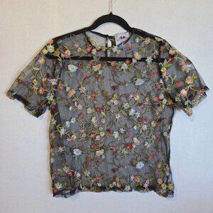 Flores Womens Sheer Floral Embroidered Mesh Top XL Black Multicolor Short Sleeve